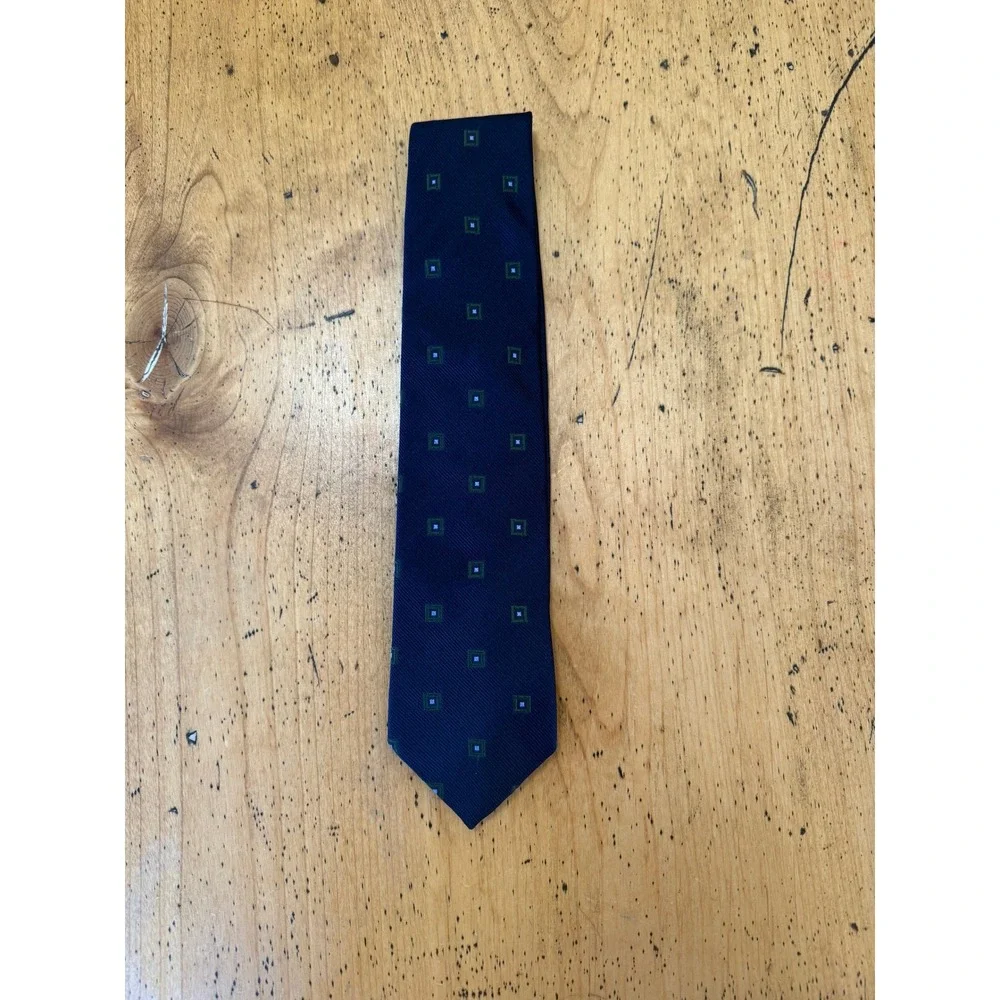 Prada Silk Tie Navy Blue Geometric Square Pattern Made in Italy Luxury Neckwear